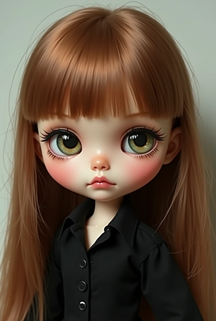 doll blythe, dark blonde hair, round nose challenge, small fleshy mouth, brown eyes half slanted round, large cilia
