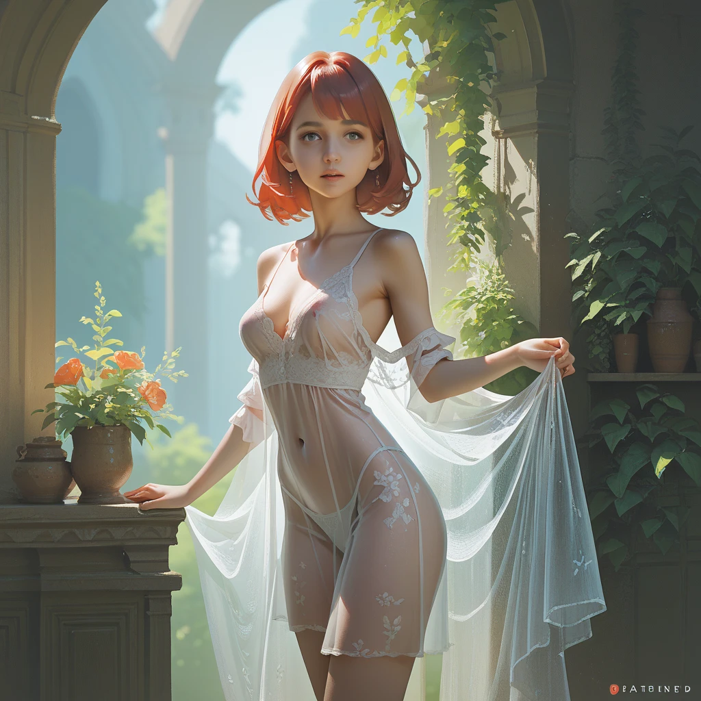 A beautiful slender thin exquisite naked girl with a perfect exquisite face with red hair with tender breasts with tender nipples barefoot drinks coffee on the veranda of the house under the blooming sakura and looks dreamily at the flowers, in a gentle watercolor style, Discreet shades, sfumato, haze, diffused dim light, delicate mint shades, imitation of film photography