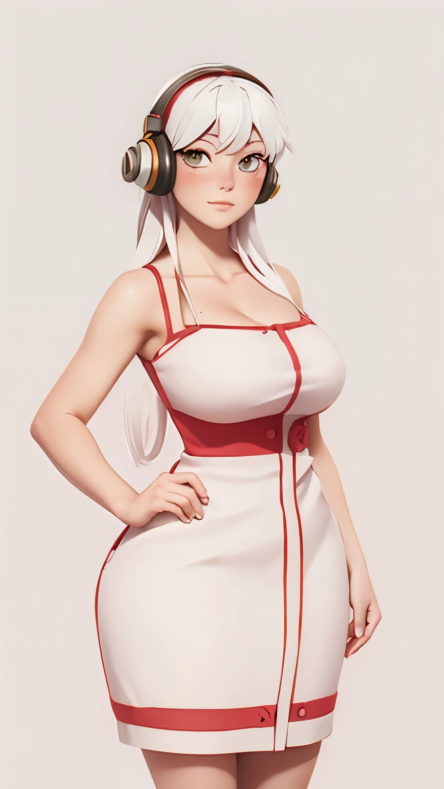 (1 girl, Alone, Masterpiece, 4k, Best Quality:1.2, (cowboy shot), Best Quality:1.2, good hands, showy, (perfect hands, perfect anatomy)),
utaop, headphones,blush, White dress, fur over one, red and white hair, multicolor fur, High average,
((medium breasts, big hips, looking at the viewer)),
((simple background, White background)),
