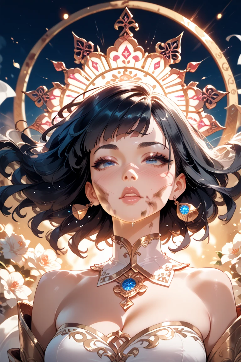 Face portrait of Princess Mononoke, close-up, see upper body and hands, upper body, black hair, floral frame, decorative panels, abstract art, Alphonse Mucha (masterpiece, best quality, high resolution: 1.4), detailed, intricate details, 4K, color splash, line art, fibonacci, outer frame, decorative frame, European decorative frame, silver decorative frame, red tattoo on face, red tattoo on face, short hair, black hair, very short short hair, Miyazaki style, Ghibli style, Mask ornament on the head, covered in wolf skin, white salmon, thickened outer frame, green background, plant background, white tender skin,