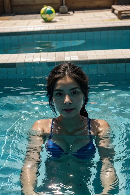 Una mujer hermosa, pelo azul, rostro fino,  delgada, de pechos no muy grandes, en una piscina