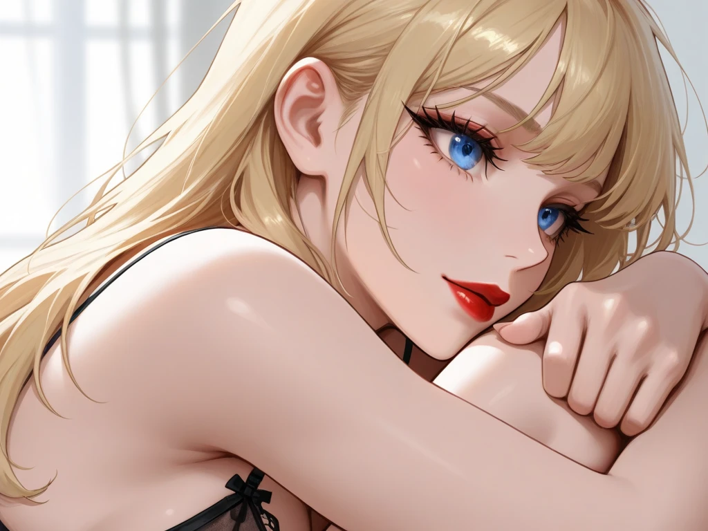 (Best Quality,High resolution,8K,finelity detailed background,Masterpiece:1.2),beautiful girl,Shiny khaki hair,messy hair,khaki eyes,Gentle look,A refreshing look,Best quality,Best Quality,Aesthetic and aesthetic:1.2,Best details((Super detailed))(High-definition CG illustrations),Black underwear (black,intricate lace),bodystocking,Slender body,Late Night,Moonlit Night,Bedroom,On the bed,smile,blush,cute,Scrounge,Looking up,Being spoiled,super model,on back,shoot from below