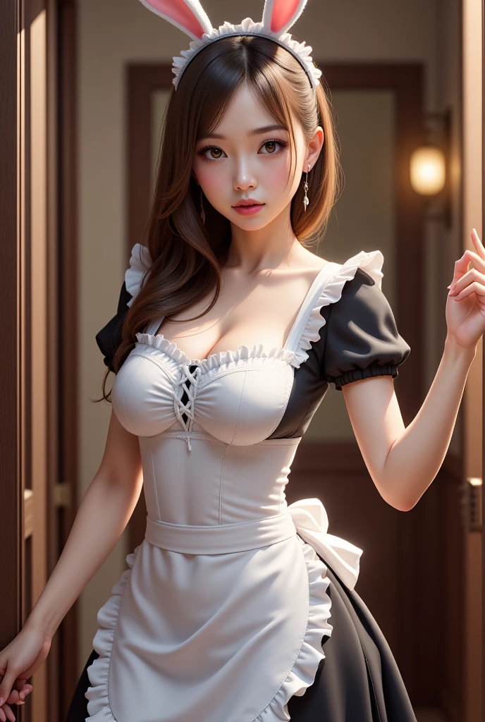 /*Quality writing*/
of the highest quality, 16 K, masutepiece, hyperdetailed face, very detailed lips, Detailed eyes, Realistic pupils,
BREAK,
/*Characters and expressions*/
(Extremely beautiful girl:1.3), Asian Girl, 1 girl, Light on Face, 18 years old, (((Very sweet smile))), (pony tail hairstyle)
BREAK
/*garments*/
(Maids:1.1), See-through, Fluffy ruffles, (Maids:1.1), (bright pink:1.2), (Bewitching costumes:1.3), (White and yellow shades:1.2), (Extravagant ruffles and lace:1.2), (voluminous skirt:1.3), (Emphasized sufficient cleavage:1.1), (The most gorgeous necklaces in the world), (The most gorgeous earrings in the world)
BREAK
/*Pose*/
(Bring your chest together with your hands), (Show panties:1.3), nice hand, Perfect hands,
BREAK
/*Angular posture*/
(Sparkling night sky:1.2), (The atmosphere of a maid café:1.3), Looking at Viewer