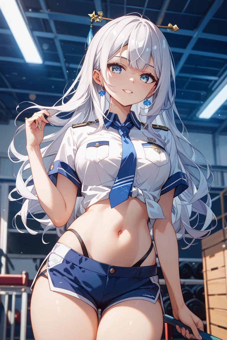 ((Masterpiece), Top Quality, Girl, (High School Uniform), , Silver Shorthair, Blue Eyes, (Skirt Deflected), (White Panties), (Small), Perfect Anatomy
