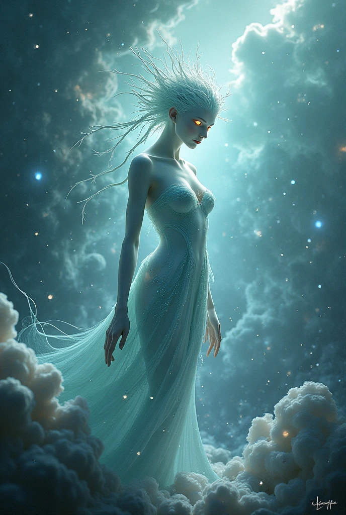 Mist Goddess of Piscara, lady of dreams and the depths of the unconscious. She guides mortals through visions and intuitions helping them find the truth.. Cloud clothes. Celestial azul. eye white