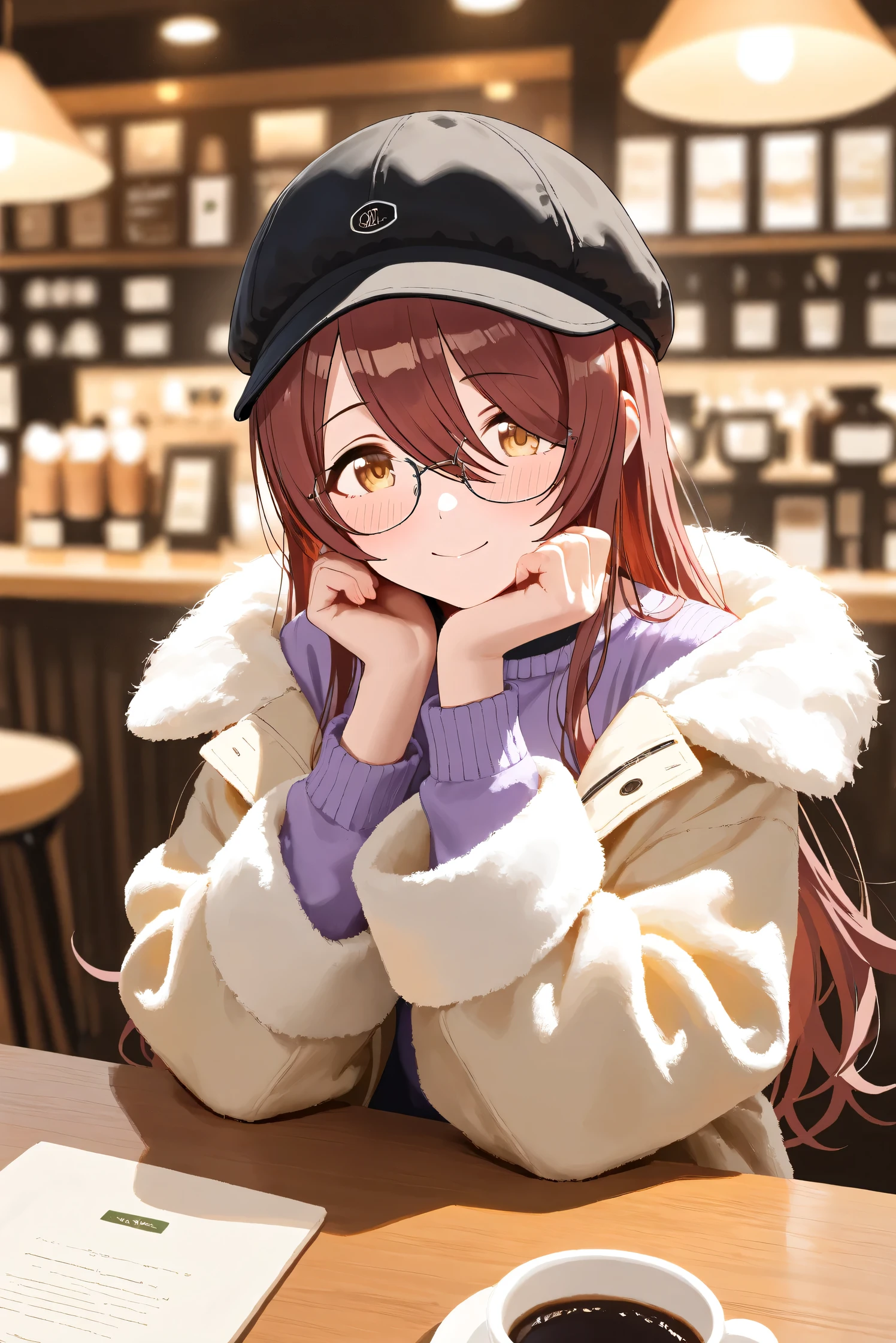 (Masterpiece), (Highest quality), (Very detailed),
(The best shape), (Best Shadow), (Absurd),
(Detailed background), (So beautiful), Shiny ,
Extraordinary, Countershading, 8k, 32K, High resolution, Beautiful eyes in every detail,
Very Detailed CG, UHD,
Score_9, Score_8_up, Score_7_up, Source_anime,
(Pastel painting:1.2), (Watercolor painting:1.2),
(Masterpiece, Detailed:1.2), (Foreshortening:1.2),
Cinematic, Dramatic, (Depth of field:1.4),
(Blurry background:1.4), (Realistic background:1.4),
(Foreshortening:1.3),Dynamic angle, 1 girl, from above,
indoor, coffee shop, Antique coffee shop,
Cinematic Light,
Osaki tenka,
the idolmaster shiny colors,
tenkaosaki,
red hair, brown hair, yellow eyes, glasses,
(casual wear:1.3),
Work cap, Black cap,
Fur coat, Khaki coat
Sweater, Purple sweater, Sweater sleeves,
Portrait, Focus on face,
(Blush:1.3), Happy, smile,
sitting,
Realistic skin, Shiny skin,