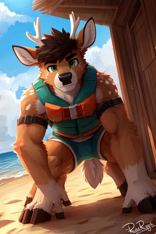 (masterpiece, best quality:1.2), deer, deer, Whole body, detailed face, detailed body, 5 fingers, Detailed hands, strong abs, pair of nipples, defined pectorals, green eyes, detailed eyes, short hair same coat color, 2 arms, 2 legs, homosexual, briefs, pene saliendo del briefs, Red color, crotch bulge, playa , during the day, view from below, por pache riggs