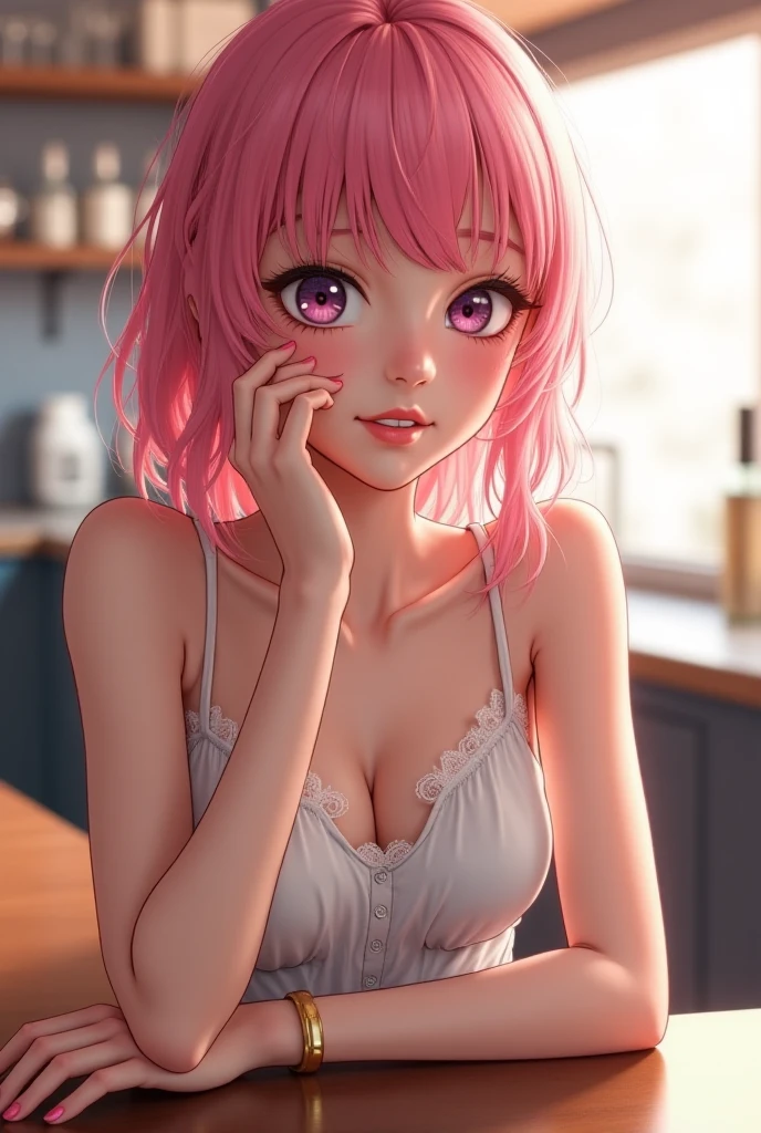 Best Quality,High resolution,8k,finelity detailed background,Masterpiece:1.2),beautiful girl,Shiny pink hair,messy hair,Pink eyes,Gentle look,A refreshing look,smile,Best quality,Best Quality,Aesthetic and aesthetic:1.2,Best details((Super detailed))(High-definition CG illustrations),Tank top,Slender body,noon,room,smile,blush,cute,Scrounge,Looking up,Being spoiled,super model,focus face
