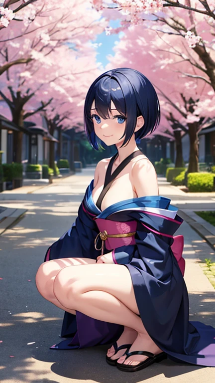 1girl, solo, naoto shirogane (p4), (kimono), japanese clothes, parasol, smile, open mouth, shrine, blue eyes, masterpiece, best quality, thigh slip,