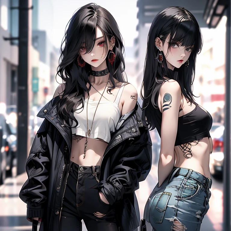 masterpiece, highest quality, pixiv, two cool girls, the strongest pirate girl, skull fashion, dark brown hair, curly hair, dull bangs, straight bangs, gray eyes, white skin, gal, Improve