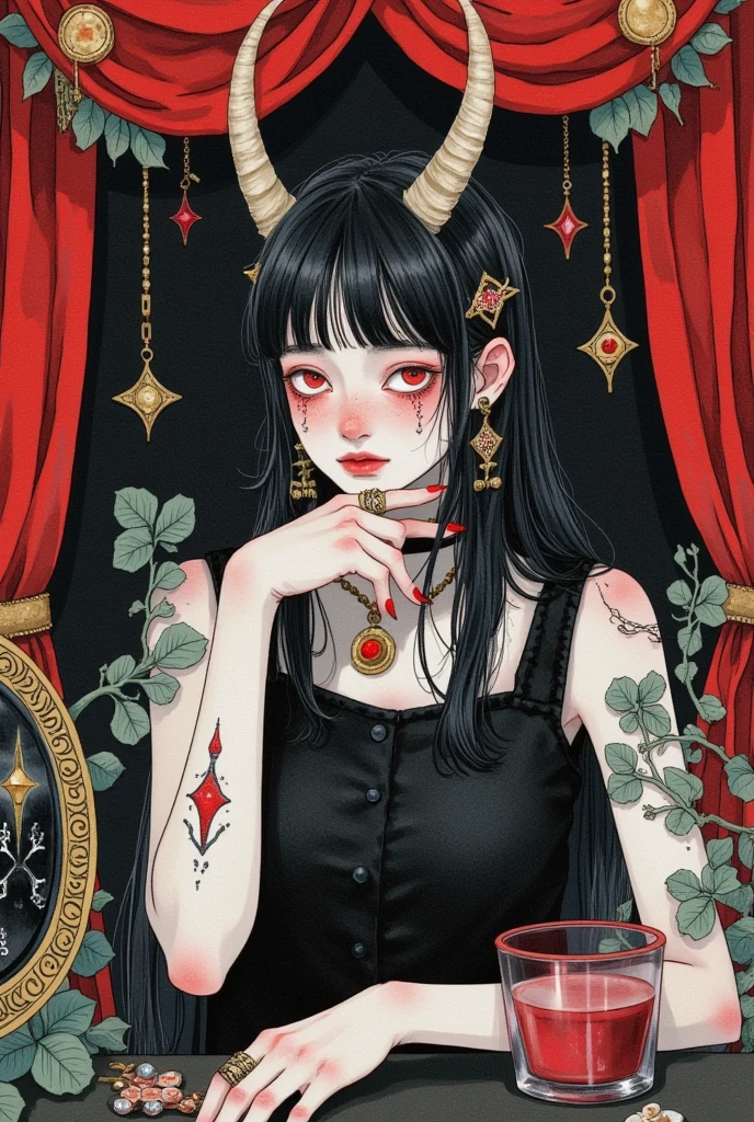 (indoor, bedroom, well-lit environment), 1girl, (standing, upper body, arms down, (stoned, smoking, weed blunt)), (((FemDW), horns, choker, bare shoulders, black loose t-shirt, heavy makeup)), ultra detailed, illustration, unparalleled masterpiece, ultra realistic 8k CG, perfect artwork, ((perfect female figure)), mature female, milf, mother, (narrow waist), alluring, clean, (looking to side), (((long hair, perfectly straight hair, blunt bangs))), (((black hair), red eyes, stoned eyes), glowing eyes, veiny eyes, colored sclera), (cold expression, blowing kiss, smoking), (detailed lips, shiny glossy lips), pale skin, (((shiny glossy skin, oily skin, medium round breasts, perfectly round breasts))), depth_of_field, bokeh, delicate pattern, intricate detail, (indoor, bedroom, well-lit environment),
