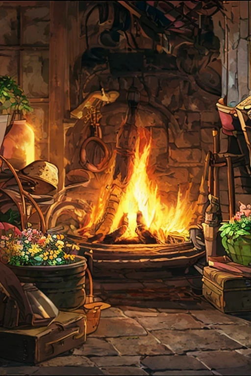 Cooking environment in an RPG cave with pans on the floor with food and sleeping bags with torches, candles and bonfires