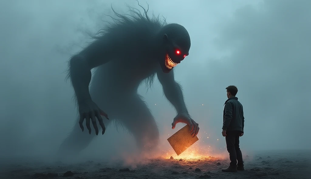 araffes in a dark room with a man standing in front of a door, white ghosthulk, highly detailed surreal vfx, cgi clay sculpture, cgi art, still from stranger things movie, fantasy and cosmic horror movie, kid playing with slime monster, still from stranger things, still frame from a movie, still from a music video, cgi special effects --auto --s2