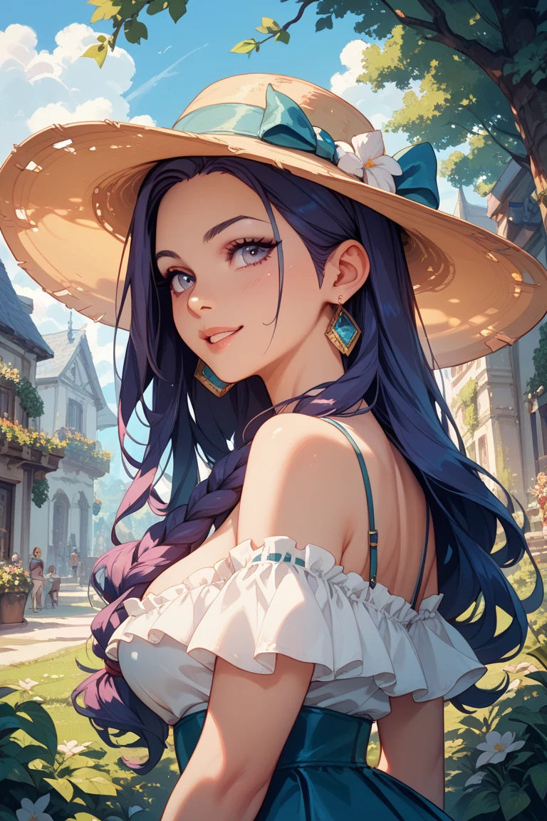 genshin impact game style, good quality, very aesthetic, proportional body, teenager, columbina /(:genshin impact:)/, long braided black low pigtails with pink streaks from the nape of the neck to the ends, white dress with spaghetti straps above the knees, country styled brown cowboy boots, country styled brown cowboy hat, pale skin, closed eyes, little smile, very small breasts, blurred background