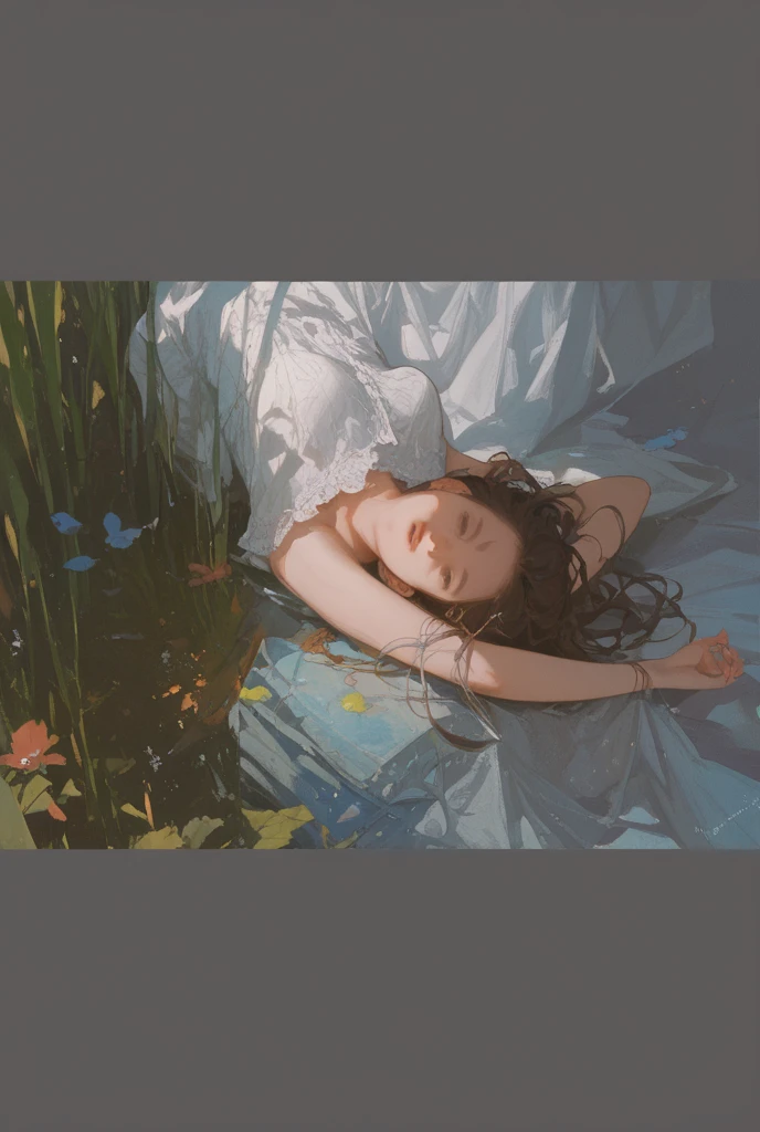 An exquisite slender girl of 16 years old with a perfect face with red hair in the rays of the rising sun, naked with tender breasts with pink nipples, barefoot on the veranda in the garden, drinking wine and looking at flowers, in watercolor style, Discreet shades, Flares, imitation of film photography, against the sun, a lot of sun glare, light fills the frame