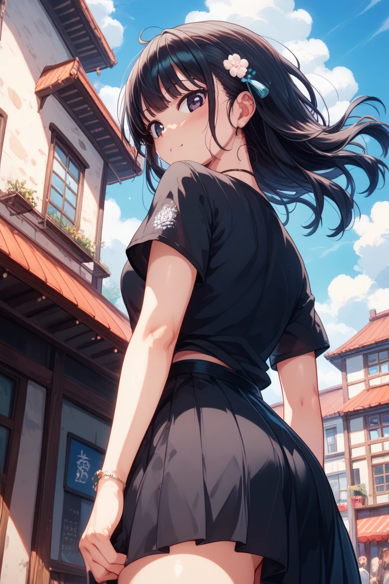 Night Park、high school girl、I'm surprised with my mouth open、Flustered expression、、Large Breasts、Black bob hair、hairpin、Skirt flipped up by the wind、I hastily hold down the back of my skirt、Thin string panties、Onlookers near the girl、Angle from directly below、Shooting from behind、Back view、Penis near the asan Next Door