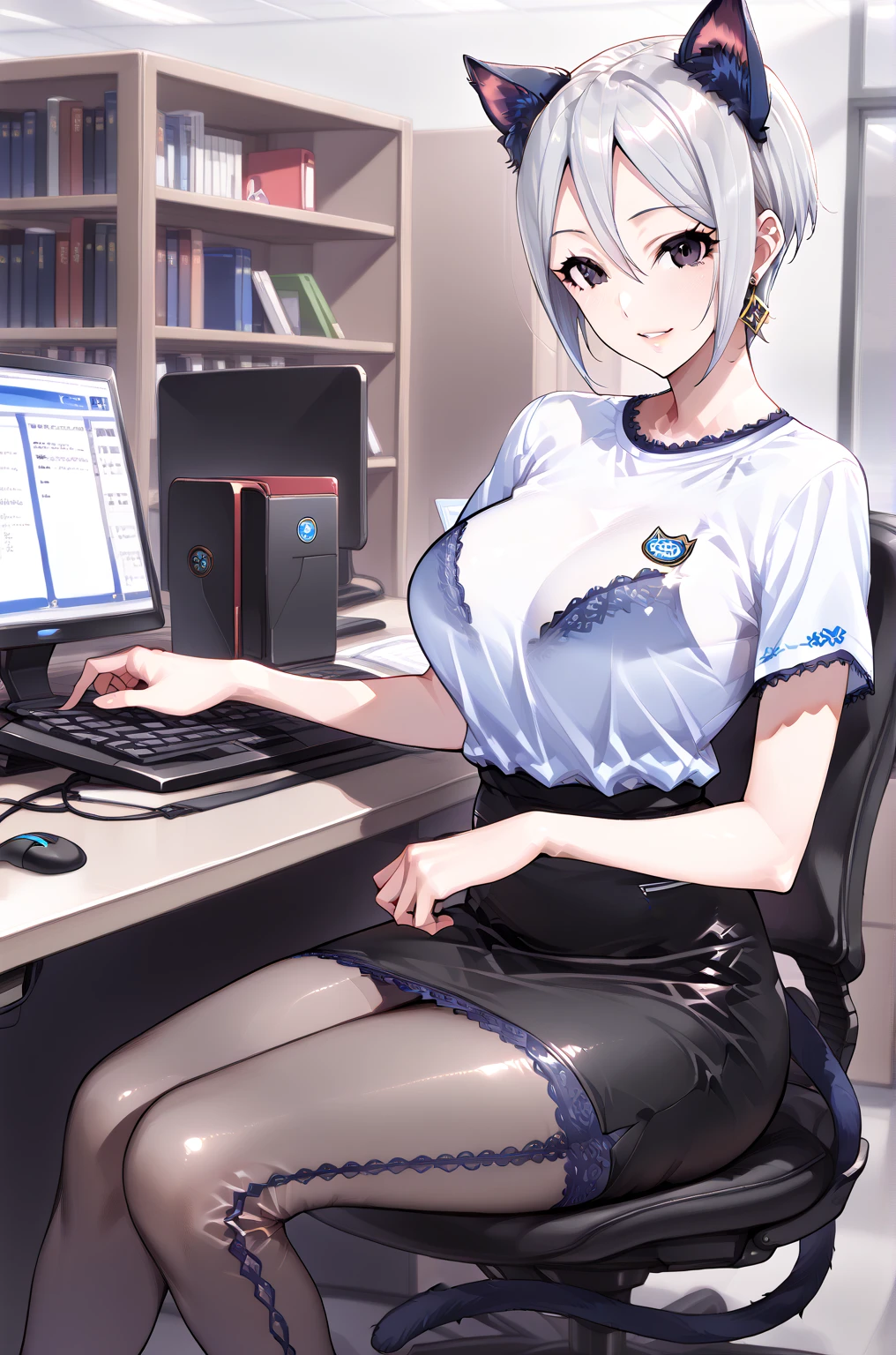 Silver wolf, honkai star rail, 1girl, solo, ((white shirt)), black thighhighs, breasts, cleavage, uniform, office background, black skirt, pleated skirt, office, hair between eyes, hair ornament, large breasts, long hair, looking at viewer, silver short nails, grey eyes, solo, thighhighs, thighs, ((masterpiece)), sitting, chair, desk, computer on desk, name tag, id tag, indoor, blush, sexy pose, hands behind, ((office top)),
