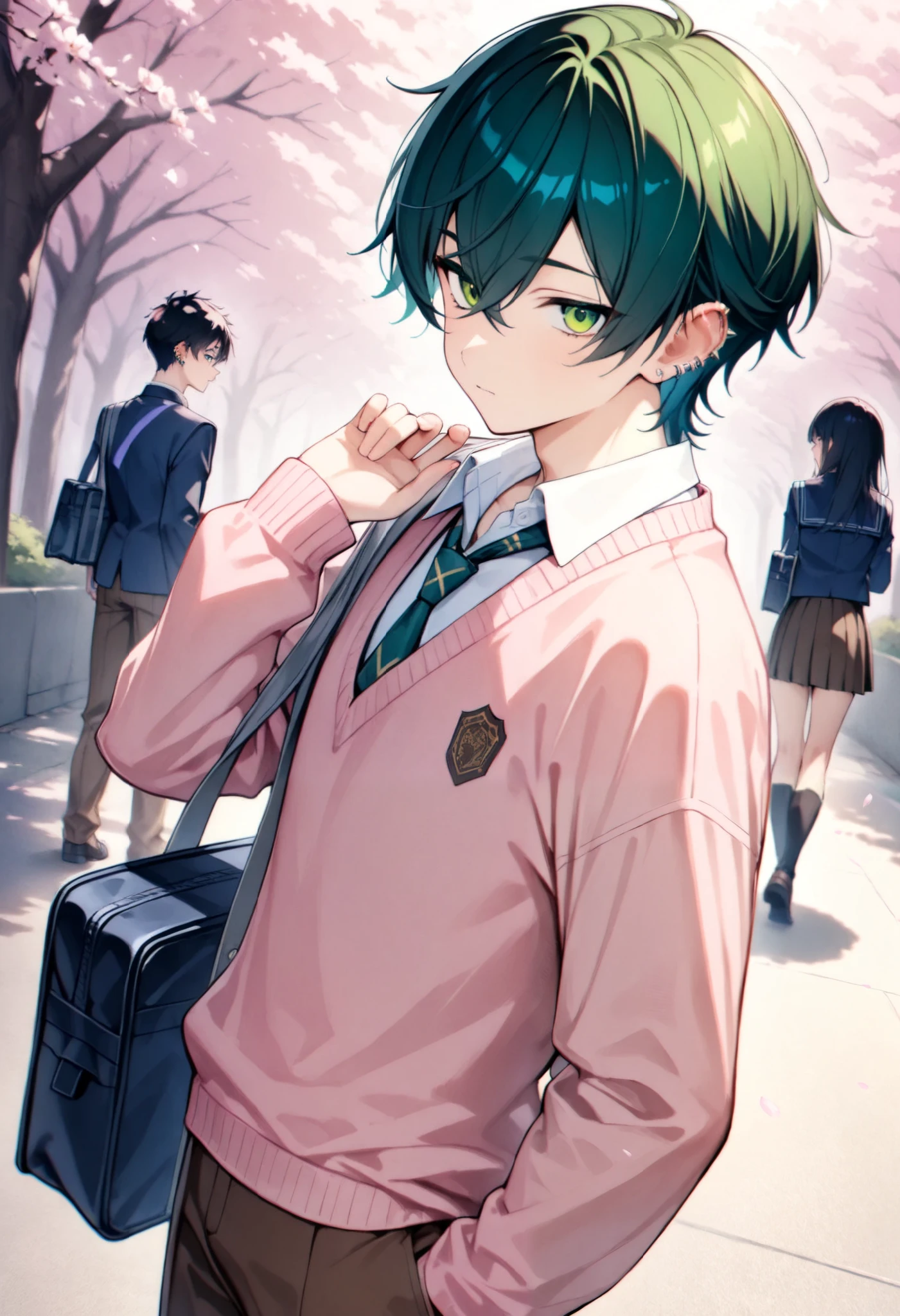 top quality、high definition,pink sweater,male性一人だけ,male,
wolf hair,hair is green,Delicate green eyes ，
school uniform,brown pants,Cherry blossom trees,school bag,Handsome Guy,
 flashy piercings ,
