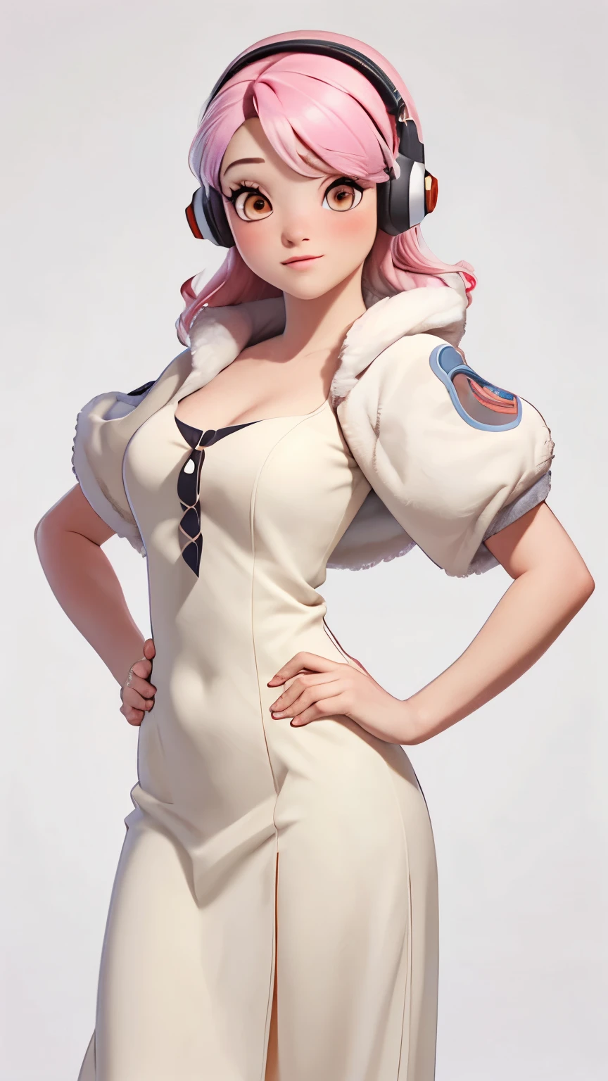(1 girl, Alone, Masterpiece, 4k, Best Quality:1.2, (cowboy shot), Best Quality:1.2, good hands, showy, (perfect hands, perfect anatomy)),
utaop, headphones,blush, White dress, fur over one, red and white hair, multicolor fur, High average,
((medium breasts, big hips, looking at the viewer)),
((simple background, White background)),
