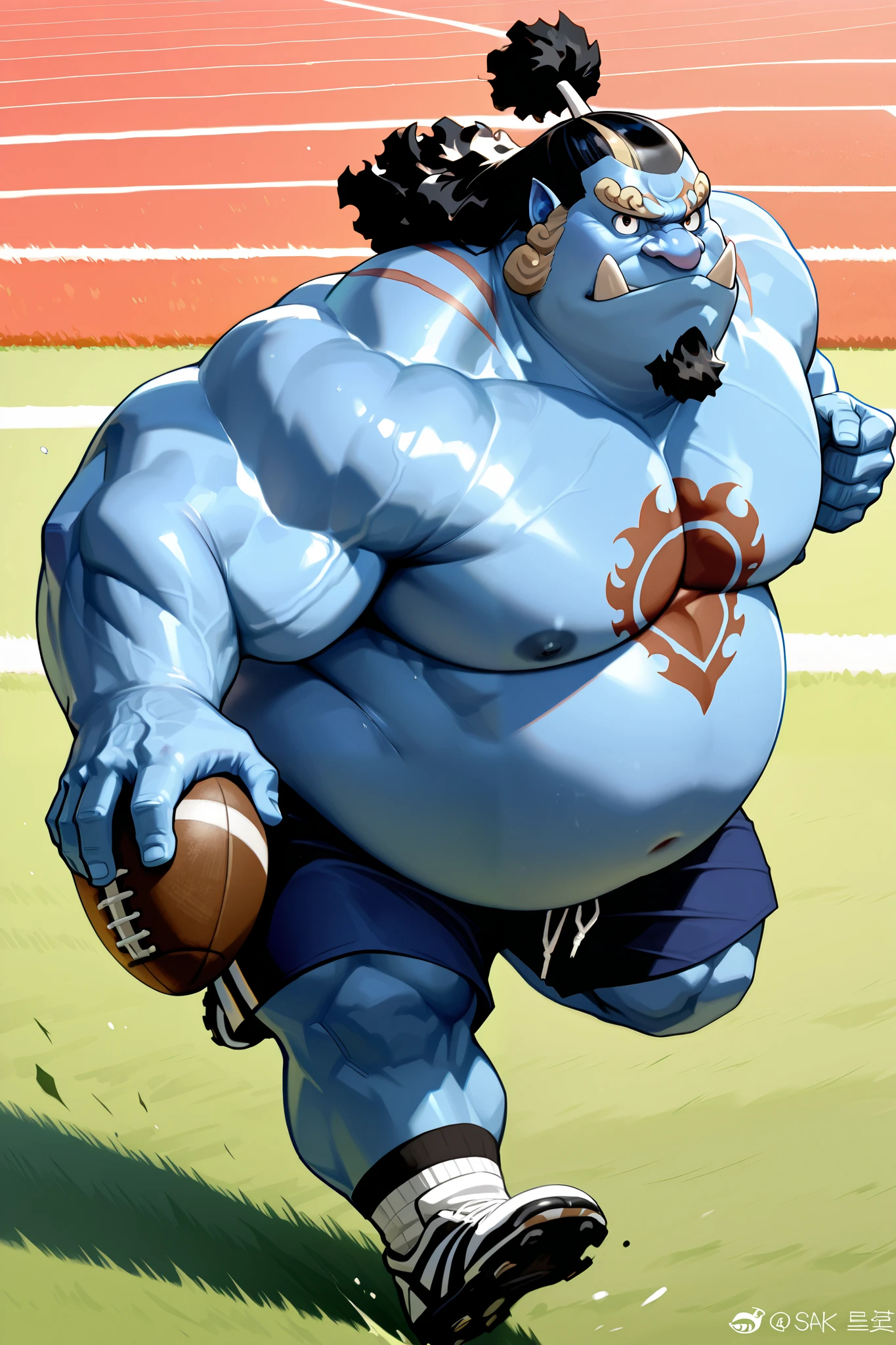 solo, chubby jinbe, chest tattoo, fat, big belly, happy, side chest, Stand slightly sideways, side angel, shirtless, topless, very huge pectoral, shorts, american football, american football fields, running, playing american football, topless, shirtless, detailed face:1.3, eyes, wide shoulder, thick arms, wide pectoral, muscle, short hair:1.2, masterpiece, semirealistic:1.2, high detailed, 8k, high resolution