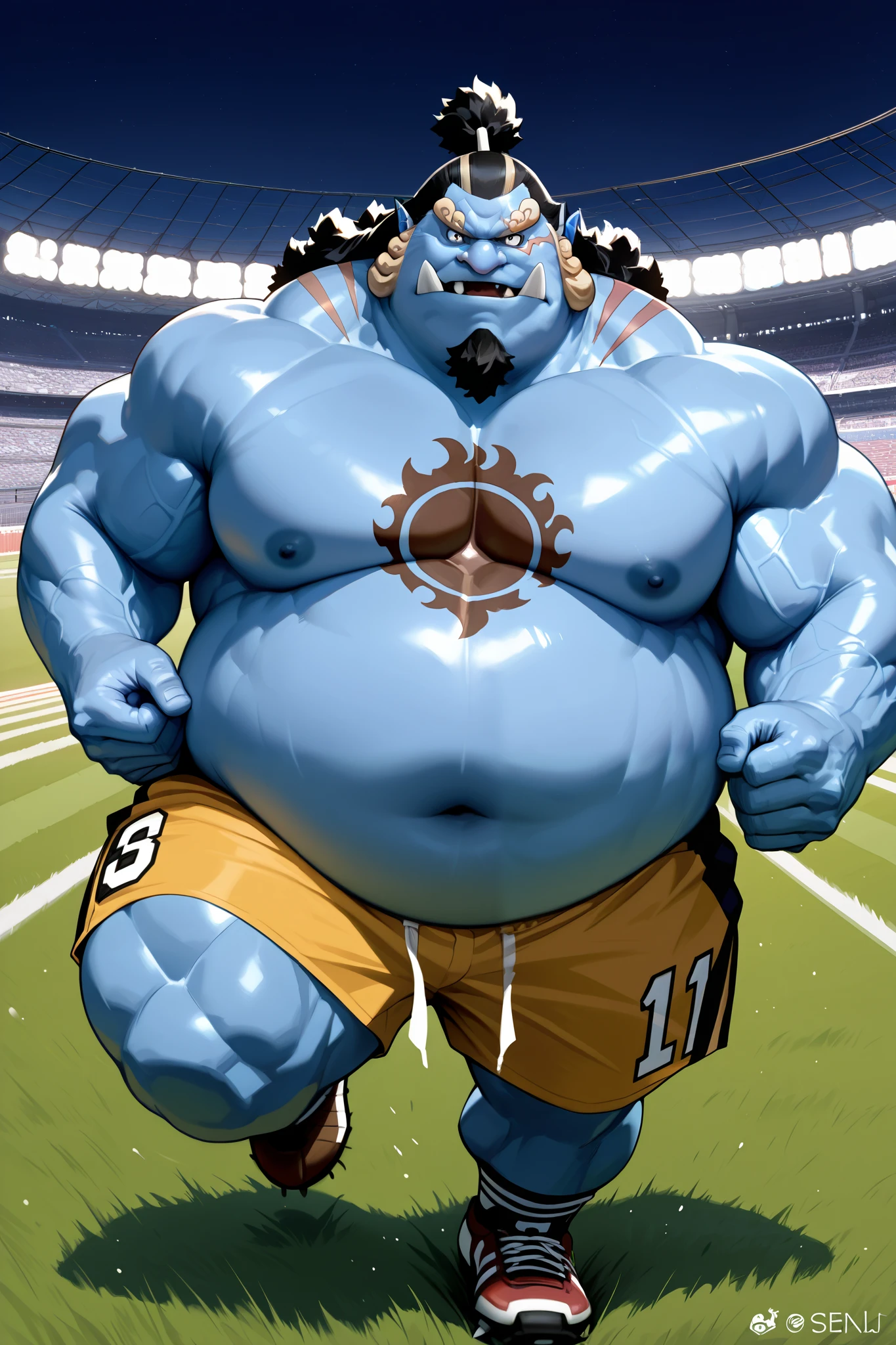 solo, chubby jinbe, chest tattoo, fat, big belly, happy, side chest, Stand slightly sideways, side angel, shirtless, topless, very huge pectoral, shorts, american football, american football fields, running, playing american football, topless, shirtless, detailed face:1.3, eyes, wide shoulder, thick arms, wide pectoral, muscle, short hair:1.2, masterpiece, semirealistic:1.2, high detailed, 8k, high resolution
