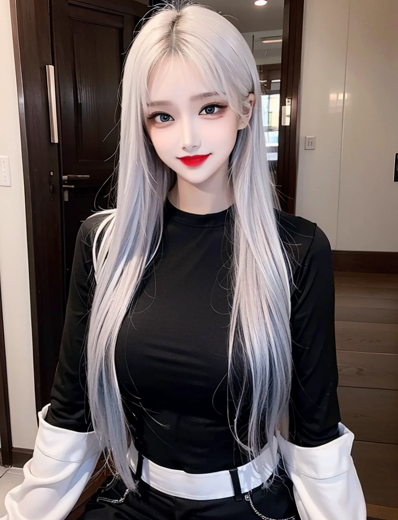 Woman black shirt, blue thick pant, red lipstick, makeup face, white hair, skinny pant, smile, not Ewaraj,