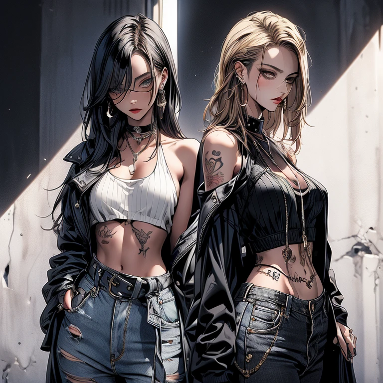 1 woman 30 years old, One, long straight black hair, bang,I look at the viewer, detailed eyes, shy smile,Jewelry, medium breast, earrings,belt, blue leather jacket over a tight red t-shirt,mini skirt,sheer white tights,NECKLACE, bracelet, lips,((Dynamic angle)),
