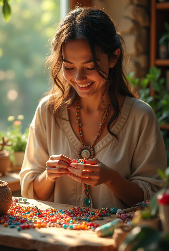 A Brazilian woman doing macramé in a garden