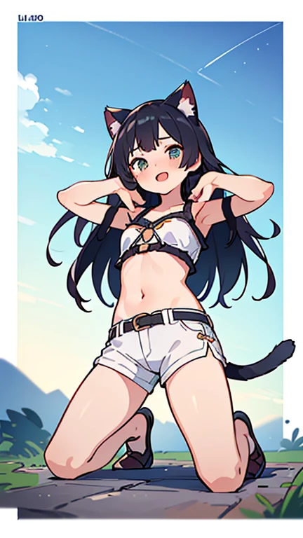 Anime Kawaii sexy Perfect Slim sensual body large breast and huge thighs, An intricate and highly detailed illustration of anime (Young girl) Top view, flirtatious look, sweet smile, right hand arranging her hair, black hair, long, cat ears, silver eyes, defined body, SEX, athletic, casual clothes, sleeveless shirt, white, black skirt, dresser, sitting on the grass, Sunset, view of the town, Comfortable shoes, rattlesnake necklace , hair ornament, colorful, Hi-Def, ultra high quality, anime.