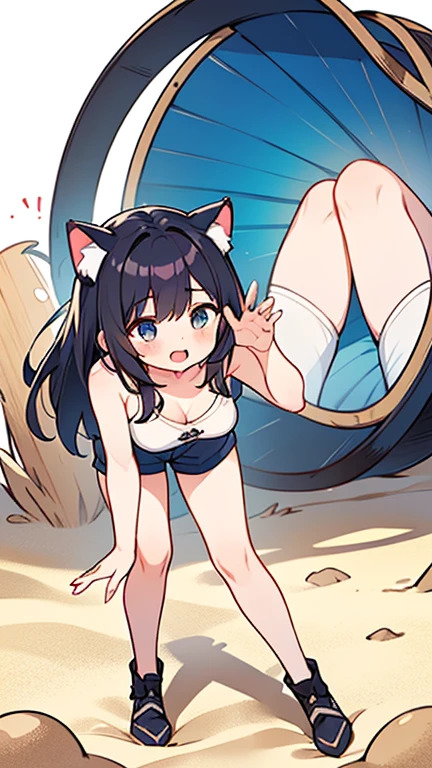 4k, High Definition, 1 girl, Swimsuit, color del Swimsuit: negro, tipo de Swimsuit: Bikini, short hair, Hair color: purple, slanted eyes, Eye color: purples, macabre smile, BIG BREASTS, big thighs, demon tail, small demon horns, pointed teeth slender body