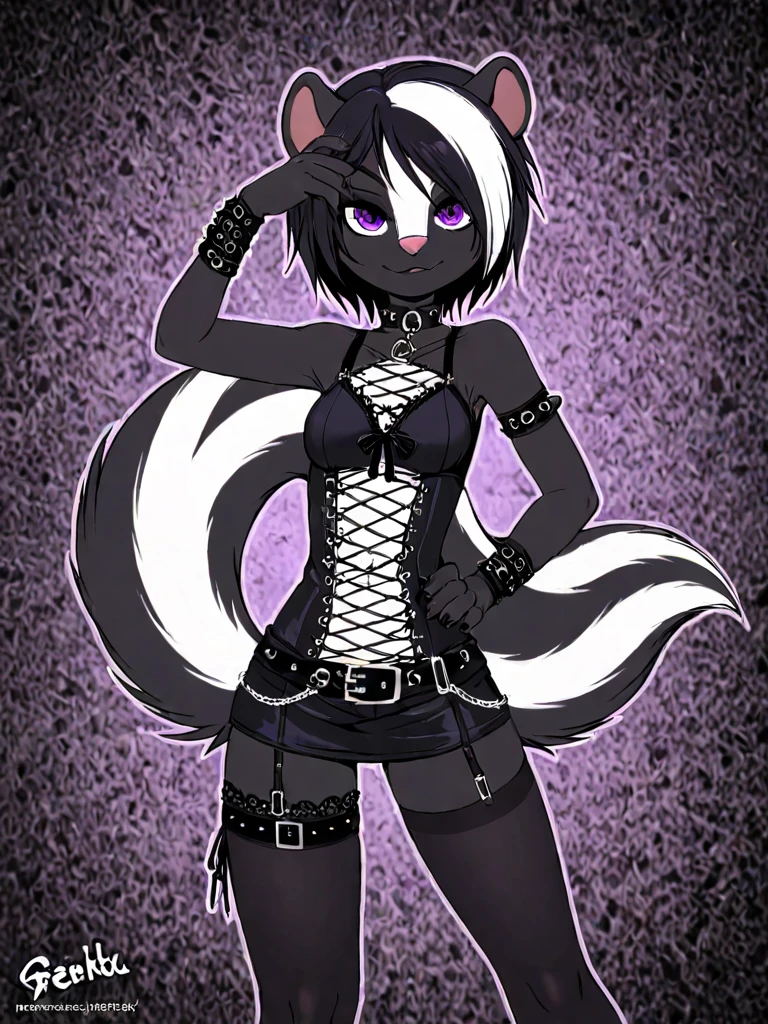 (best quality,4k,8k,highres,masterpiece:1.2),ultra-detailed,(realistic,photorealistic,photo-realistic:1.37),sexy fox girl,((fox snout,fox ears,goth style,punk hair,dark makeup,alluring green eyes)),wild and untamed expression,dangerous beauty,shiny black tail,fierce attitude,black leather choker,studded bracelets,ripped fishnet stockings,edgy outfit with corset,dark and mysterious forest background,ethereal glow from moonlight,soft shadows and highlights,gothic color palette with deep purples and dark greens,subtle smoky eye makeup,wisps of black hair framing the face,l,confident pose with hands on hips,purple highlights in the hair,playful and mischievous expression,slightly tilted head with an enchanting smile,expressive and captivating eyes,black eyeliner and mascara enhancing the allure,subtle glowing tattoos on the arms and legs,slightly tousled punk hairstyle with vibrant streaks ,punk-inspired hair adding an edge,bold choice of jewelry and accessories to complement the goth aesthetic,she exudes both sensuality and strength,creating an intriguing and captivating presence,well-toned abs