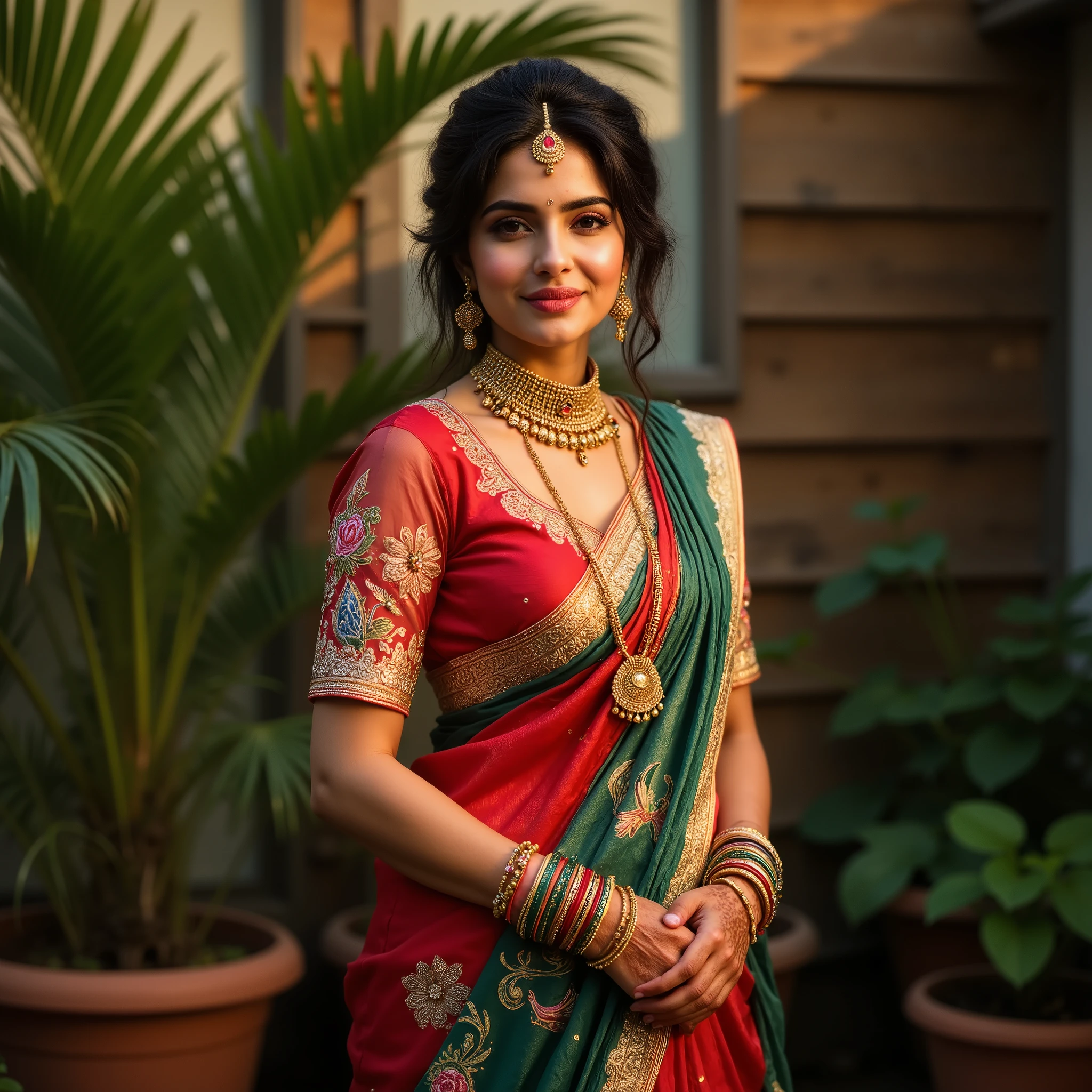 a vibrant portrait of a young woman of South Asian descent, standing confidently outdoors against a lush green backdrop of potted plants and a wooden wall. She has deep black hair styled in a sleek, center-parted updo with a low bun, adorned with a golden tiara-like hairpiece, and a few loose strands near her temples. Her facial features are refined: warm medium-brown complexion, large almond-shaped dark brown eyes with thick arched eyebrows, a prominent nose, full coral-painted lips with a serene smile, a small red bindi on her forehead, softly rounded cheeks with a natural flush, and a gently defined jawline. Her figure is statuesque and curvaceous, with broad elegant shoulders, a defined waist, and slender yet strong arms, posed with hands clasped in front. She wears a luxurious red silk saree with intricate gold zari paisley and floral patterns along the borders, tiny gold polka dots on the body, and a green pallu with hand-painted multicolored motifs of birds, flowers, and vines in gold, pink, blue, and green, secured with a golden pin and featuring fine golden tassels. Her blouse is a matching red silk with short sheer sleeves, gold embroidery, sequins, and a modest round neckline with a gold border. She is adorned with a heavy gold choker necklace with filigree work, a long multi-layered gold and black beaded necklace, large gold jhumka earrings with red and green stones, multiple gold and green glass bangles, a red and white bangle set, and a maang tikka with a red stone. A green silk dupatta with gold embroidery drapes over her shoulder, and her hands feature intricate henna patterns. The lighting is warm and natural, from the front and slightly above, casting a soft glow that highlights the sheen of her attire and jewelry. The overall mood is festive, elegant, and culturally rich, with a focus on the vibrant colors and intricate details of her traditional ensemble.