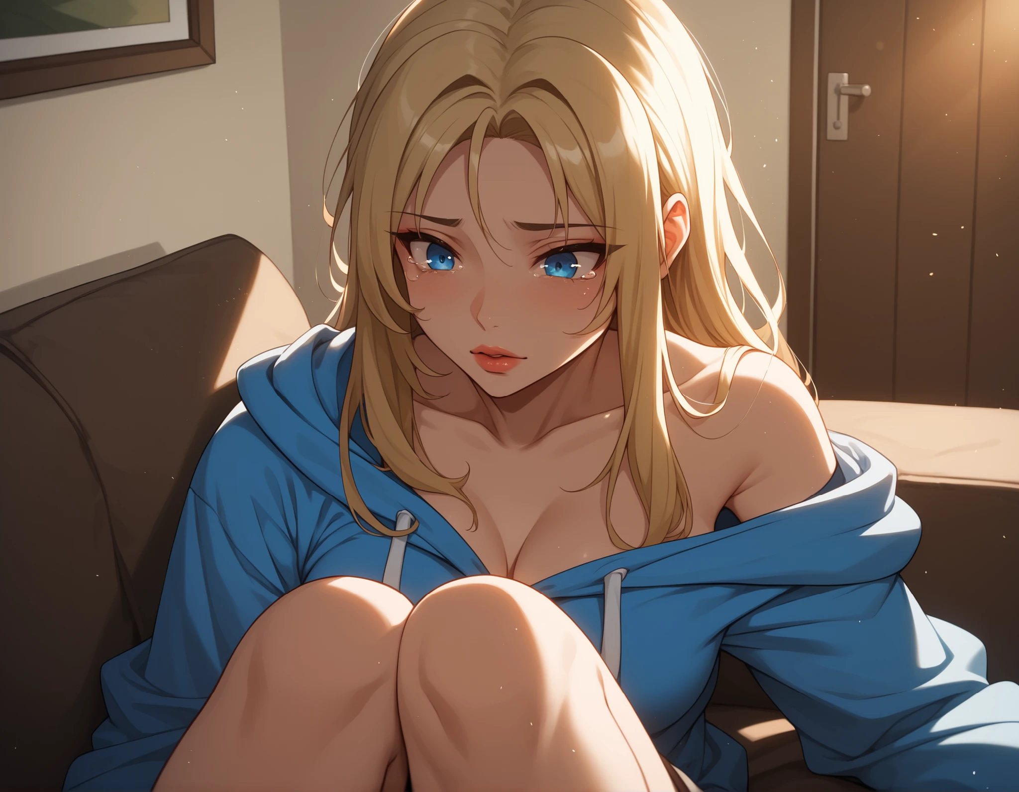 Watercolor, score_9, score_8_up, score_7_up, (Volumetric_lighting: 1.7), (masterpiece), (lora: detailed anime girlsXL), (lora: NoobAI-XL Detailer), (lora: smooth lighting enhancer), (lora: Detailed Background), (lora: NKxXmo's Shaded Face), (lora: SDXL high detailed. LoRA_SDXL_ARW_0010: 0.75), (lora: Waifu Eyes), 1woman, solo, solo_focus, from_above, lips, medium_breasts, solo, blonde_hair, (long_hair:1.2), blue_eyes, natural_makeup, fair_skin, sitting_on_couch, oversized_hoodie, bare_legs, tear_streaks, melancholic_expression, soft_glow, warm_light, collarbone, emotionally_drained, looking_down, wooden_interior, moody_lighting, cinematic_lighting, foreshadowing, 8k, high_quality, detail_focused, blurry_background, introspective_pose, morning_light, post_emotional_scene, , (Diminishing scale perspective:1.3), ((forced_perspective))
