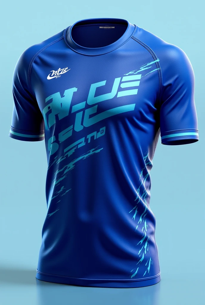 Men's blue volleyball t-shirt with a white background and blue color on the shoulders and Karen's text in the middle of the t-shirt and something like lightning on the t-shirt.