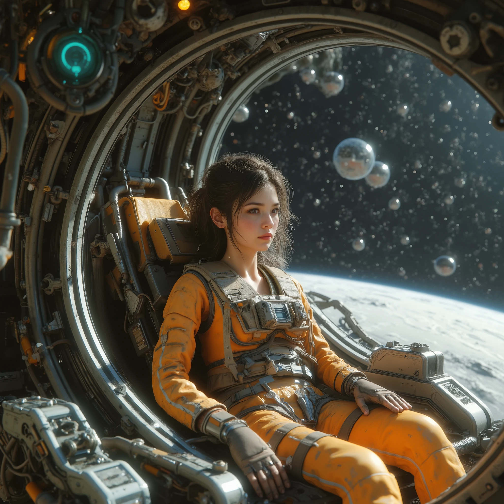 A highly detailed 3D CGI representation of a young astronaut with dark hair, Wearing a spacesuit. She is inside a spaceship or on the surface of a planet, with a determined expression , Ready for exploration. The scene is realistic, with realistic textures and cosmic lighting that highlight the atmosphere of adventure and discovery