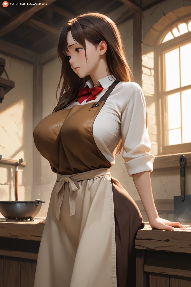 millers daughter, leather apron, flour on face, full breasts, skirt, brown hair in a braid