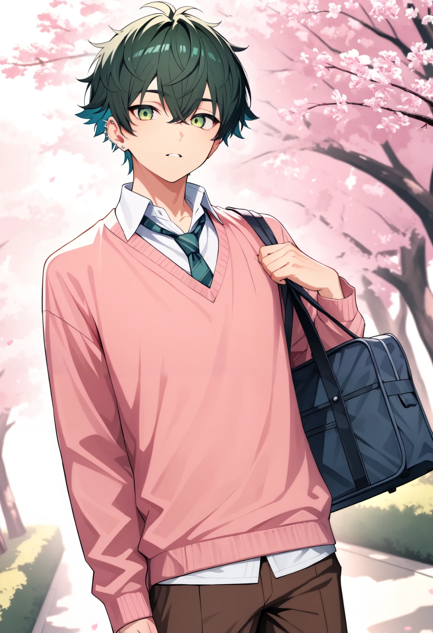 top quality、high definition,pink sweater,male性一人だけ,male,
wolf hair,hair is green,Delicate green eyes ,
school uniform,brown pants,Cherry blossom trees,school bag,Handsome Guy,
flashy piercings ,
