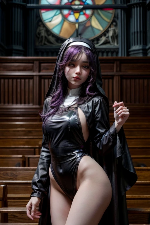 arafed woman in a black and white outfit sitting on a table, nun outfit, sexy girl cosplay, cosplay, with black pigtails, sinister pose, irelia from league of legends, ahegao, black and violet costume, big bust, no bra, detailed eyes, detailed hair, detailed finger, big , realstic