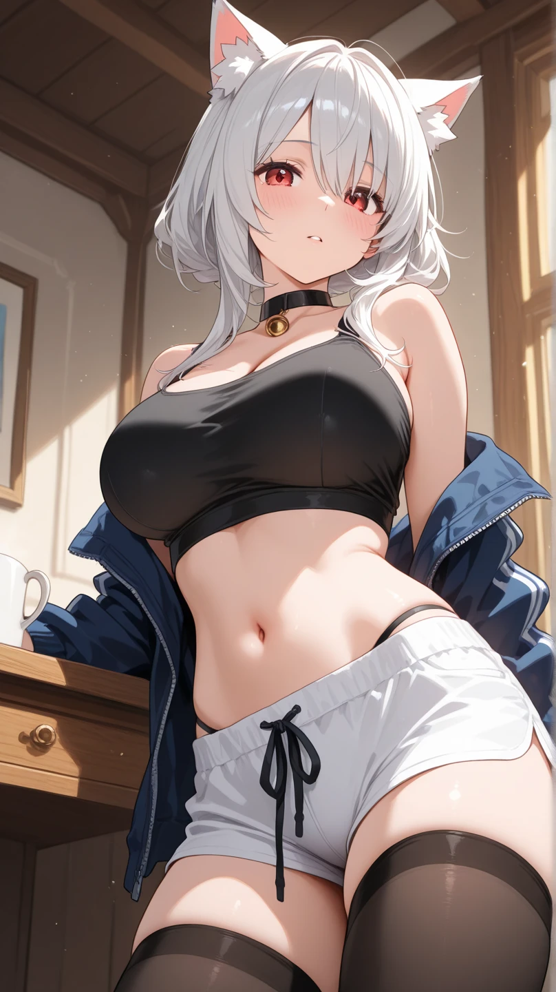 Extremely detailed CG Unity 8k wallpapers, best best quality, purah_totk's masterpiece. A full-bodied woman, approximately 5 feet 2 inches (157 cm) tall, with an ample and mature figure. Her fair and smooth skin shows signs of aging. With soft and gentle features, her slender nose, and naturally pink, slightly full lips. Her well-groomed eyebrows, with a neat arch and beautiful outlines frame her huge, engaging eyes. Her short white hair contrasts sharply with her bright red eyes.
Posing in a cowboy shot, her tight clothes cling to her curves. The lens flare adds a