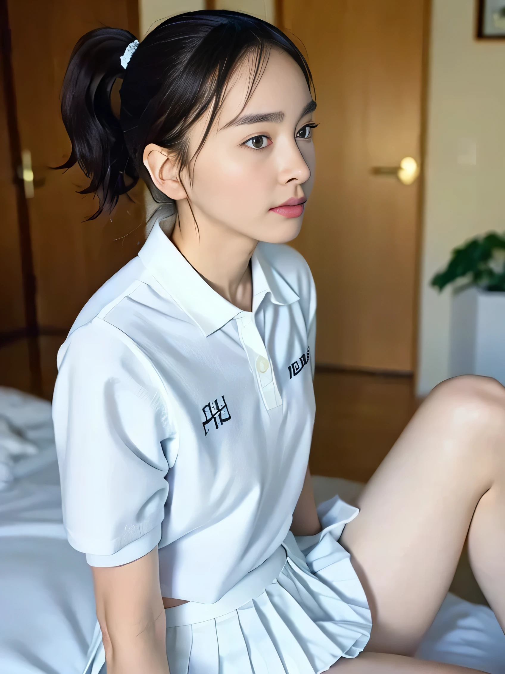 (masterpiece, top quality: 1.2), (surreal, photorealistic: 1.2), full body, slender body, From the above, from the side, sitting, (seductive pose: 1.2), bedroom eyes, ( beautiful thighs: 1.1), natural light, 28 year old actress, Japanese woman, clean and clean , (ponytail short wavy hairstyle: 1.1), short wavy hair in front of it, ((wearing a white tennis uniform, white short sleeve polo shirt: 1.2)), (button: 1.3), (( wears a white tennis pleated skirt: 1.3)), is wearing white socks, (beautiful face), oval face, clear , beautiful eyes, kind eyes , clean skin, Xiaoyan, Beautiful mouth, small mouth, natural makeup, Friendly,orgasm, embarrassing, , luxury hotel suite, on the bed ,