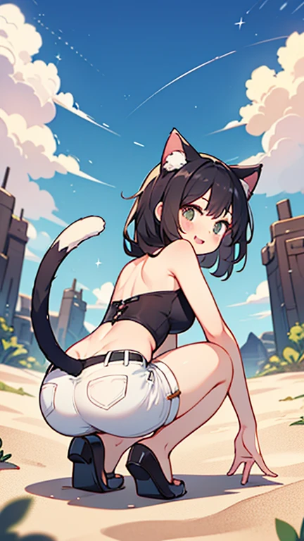 Cat　Personification,Cat ears,Young Girl,A corner of the park,Naked,slender,Small breasts,legs wide open,NSFW,Naked with a dog collar,smile,Crowds around,On all fours,Short Hair
