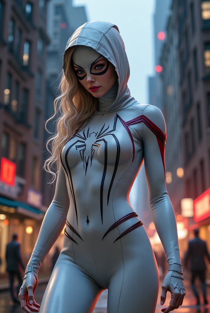 Create landscape photorealistic high definition realistic. 
2 Sydney Sweeney dressed as Spider Gwen.
Body tall and thin and fit and perky breasts and hard nipples. 
Hair long blonde. 
Clothing Spider Gwen outfit. 
Location we swinging between buildings at night. 
Red lipstick and dark eyeshadow and eyes closed. 