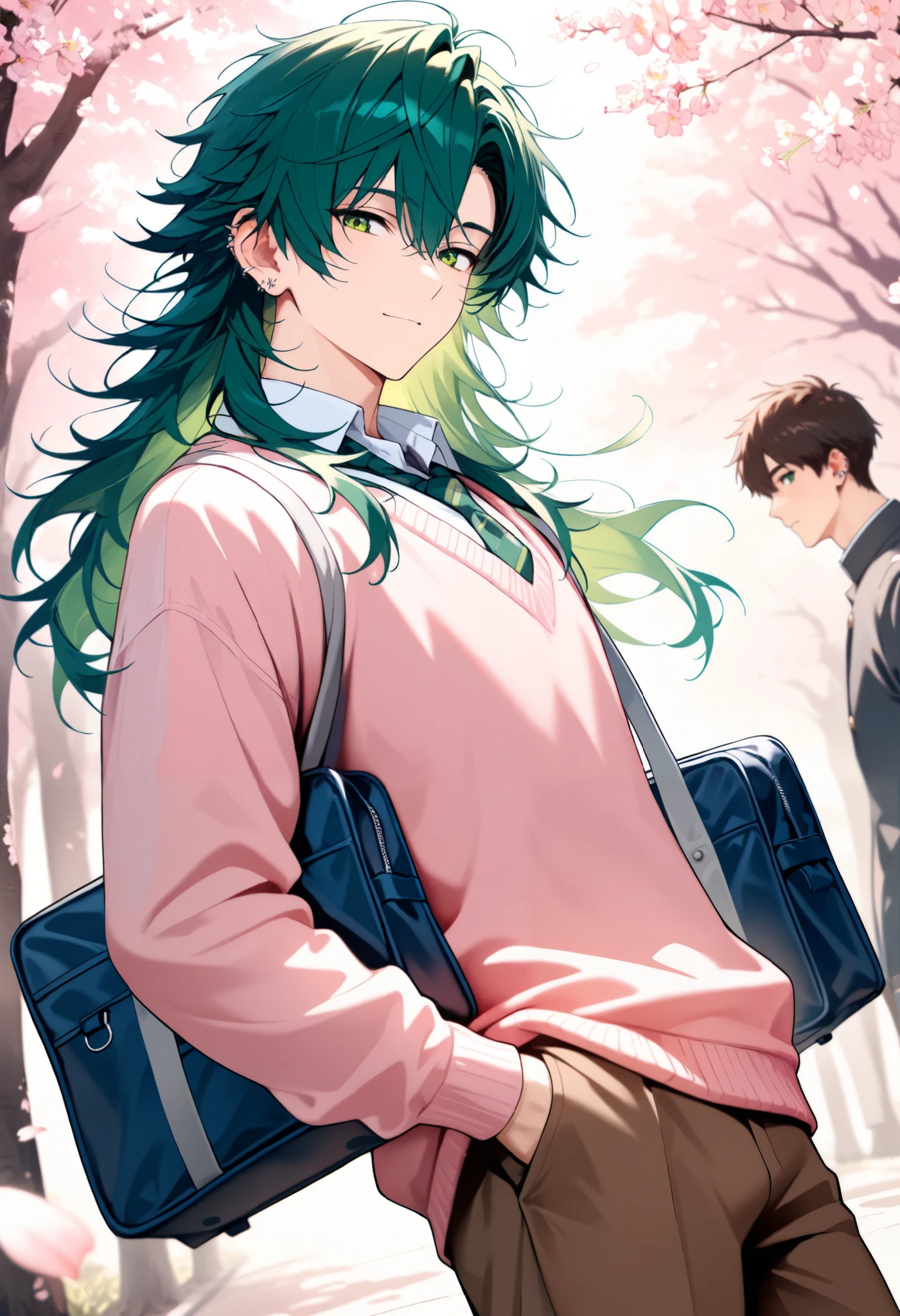 top quality,high definition,pink sweater, male,one person only,
wolf hair,hair is green,Delicate green eyes ,
school uniform,brown pants,Cherry blossom trees,school bag,Handsome Guy,
flashy piercings ,