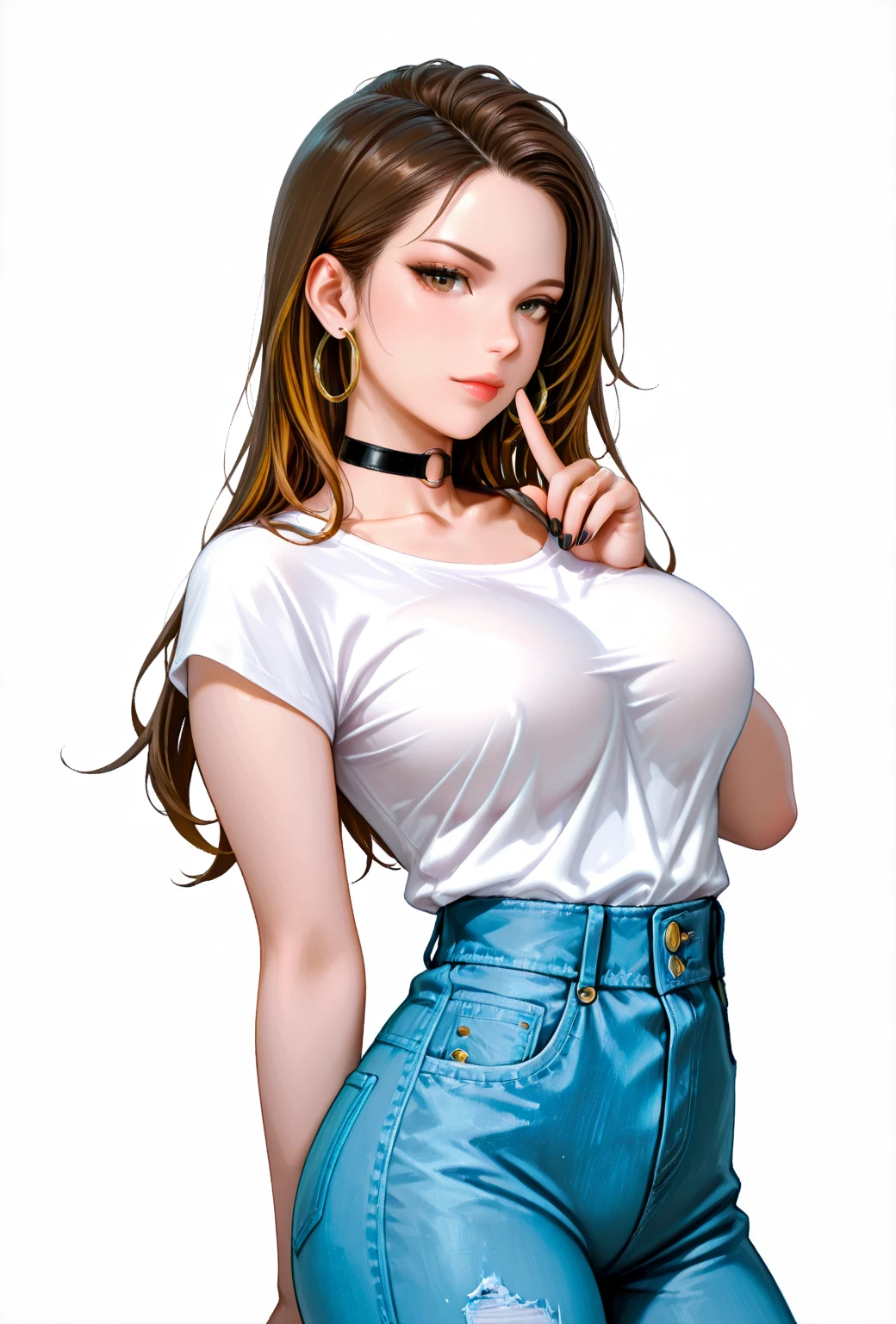 (1girl, solo, masterpiece, 4k, best quality:1.2, (cowboy shot), best quality:1.2, NICE HANDS, COLORFUL, (perfect hands, perfect anatomy)),
owari_akane, long hair, shirt, collarbone, hair between eyes, skirt, navel, collared shirt, short sleeves, short skirt, BLACK SKIRT,
((medium breasts, medium hips, looking at the viewer)), sexy toon, transparent shirt, (mature female:1.4), thick thighs, (((SAFE FOR WORK))),
((simple background, white background)), <lora:GoodHands-vanilla:0.7>