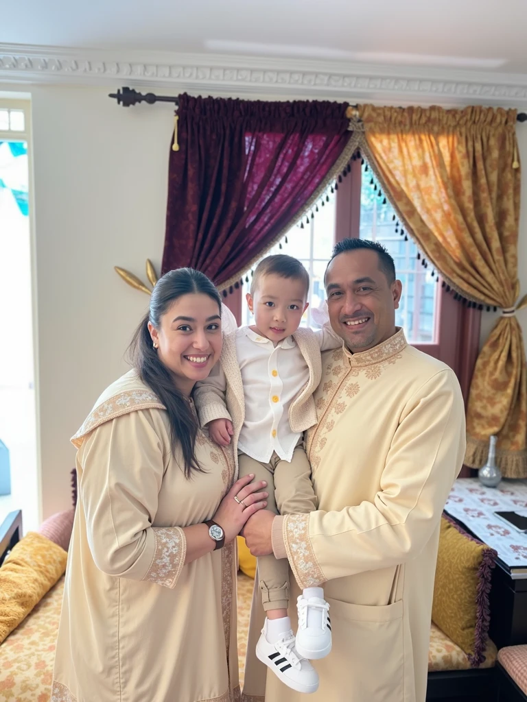 Family photo in Indonesia, three members, one 40-year-old chubby mother, one 12-year-old boy with short hair, and one 10-year-old girl wearing a hijab. They are all wearing coordinated navy and gold batik outfits. There is a white American shorthair cat wearing a hijab, posing seated on the luxurious living room sofa. The background is a luxurious living room. The photo is realistic, detailed, ultra HD, with white lighting, and is the best photography, in 8k resolution. 