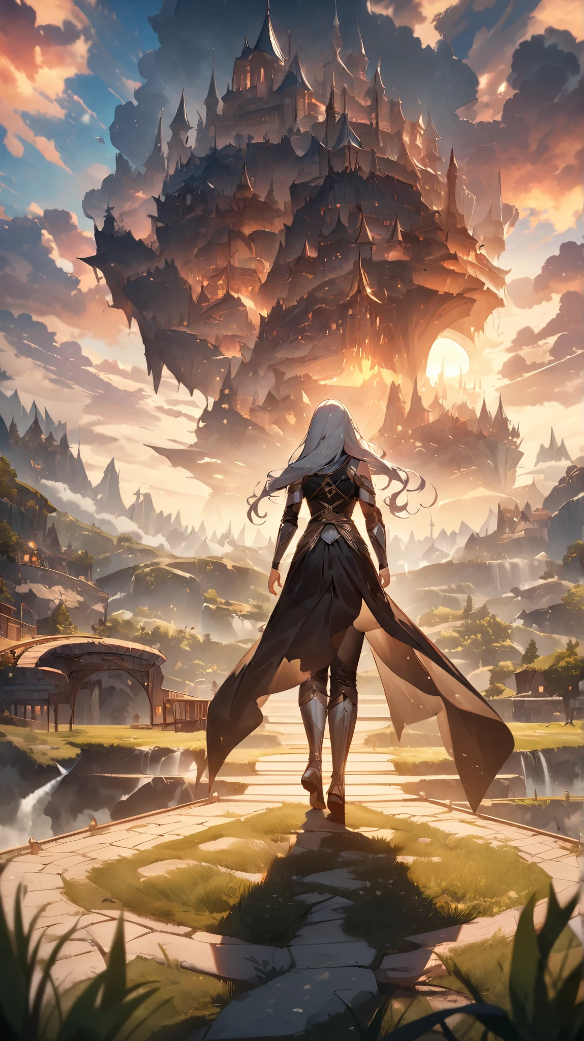 A woman in a long dress standing on a path in front of a castle - SeaArt AI