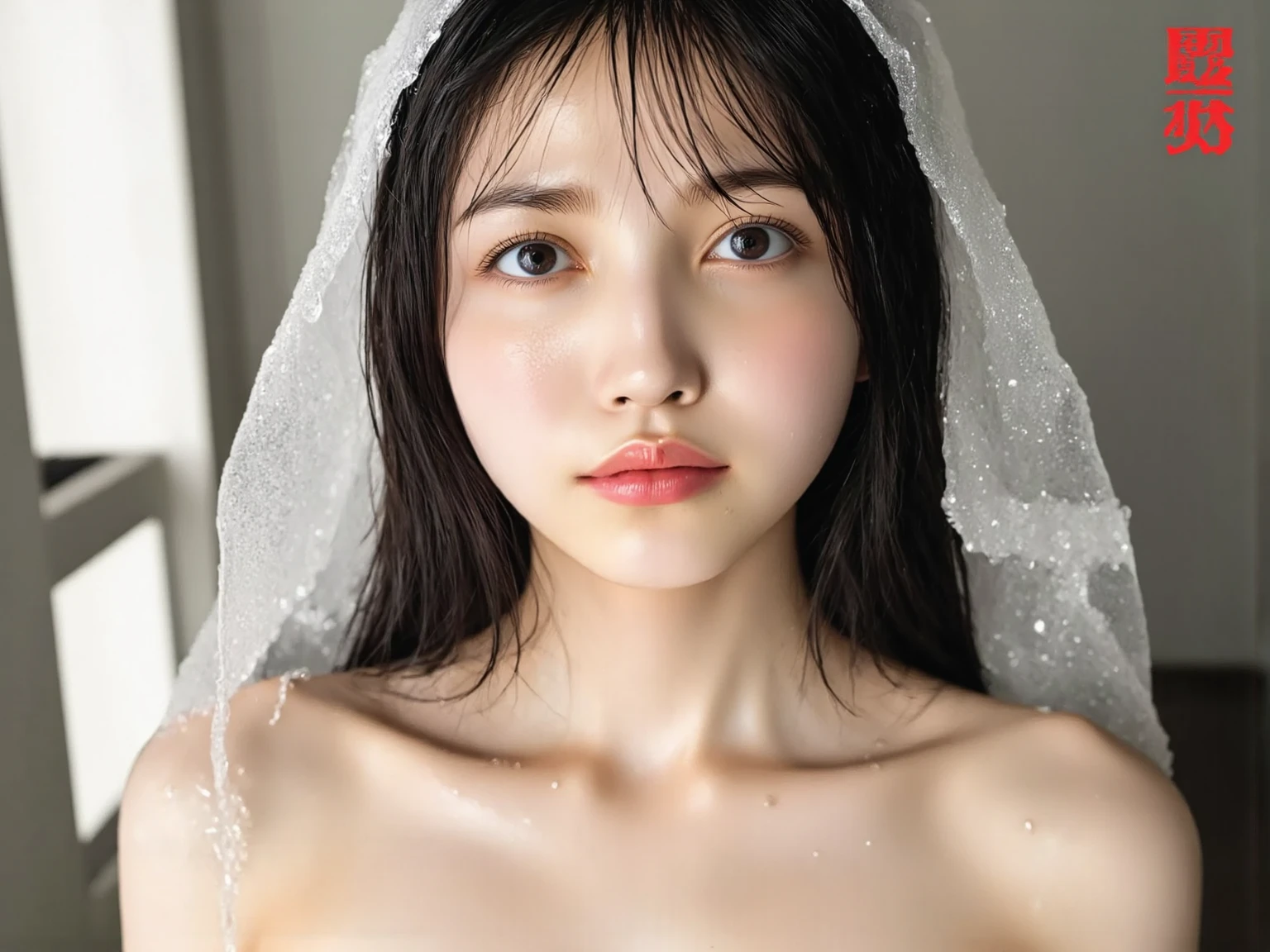 nsfw, (((topless))),,Dilraba Dilmurat, layered hair style, mouth veil, freckles, eyes mascara, masterpiece, best quality, photorealistic, glowing sparkly skin, soft lighting, voluptuous, lying in bed, sharp focus, colorful liquid gel rain, close up, fashion designer, resplendent tiny pearls necklace, baroque