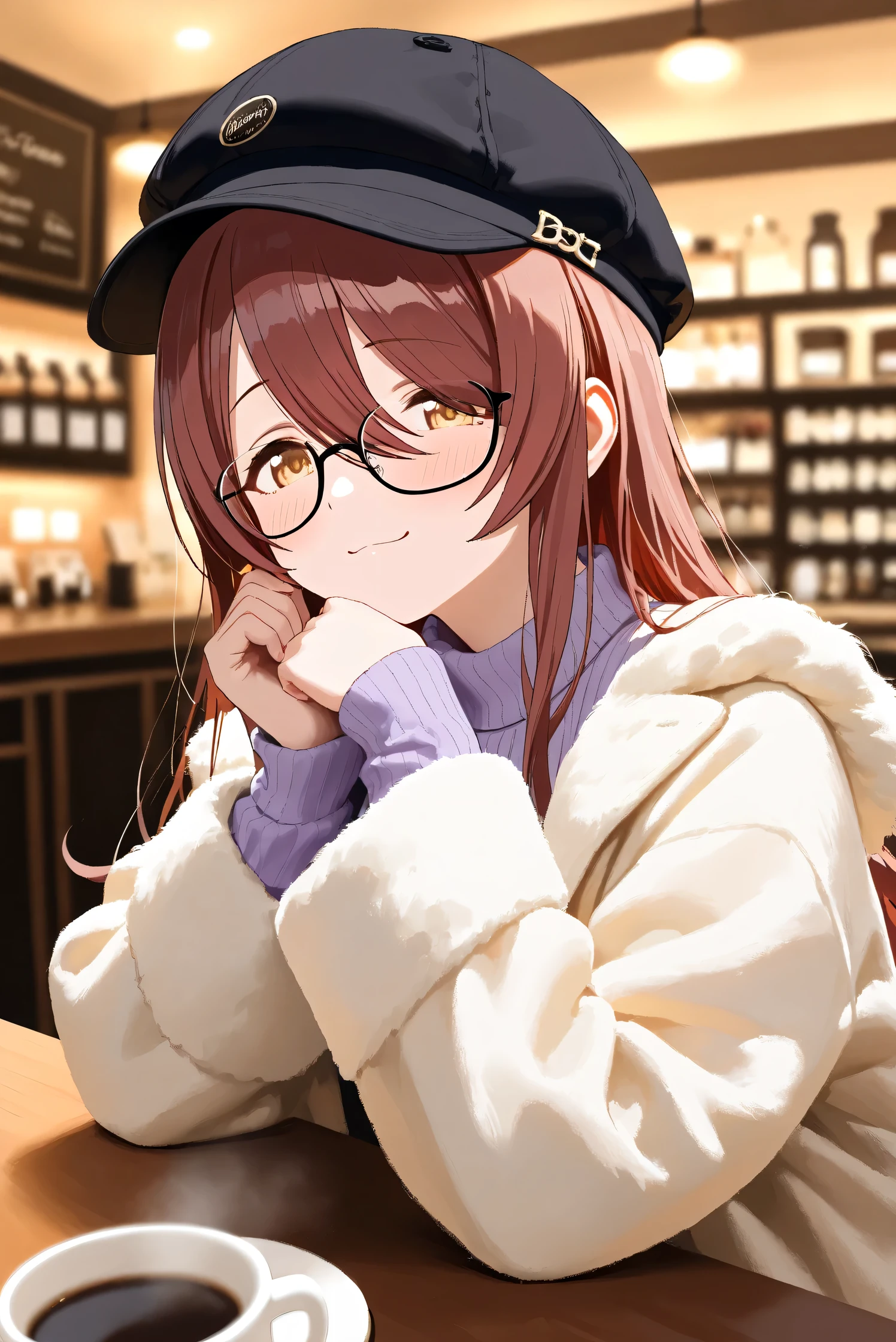 (Masterpiece), (Highest quality), (Very detailed),
(The best shape), (Best Shadow), (Absurd),
(Detailed background), (So beautiful), Shiny ,
Extraordinary, Countershading, 8k, 32K, High resolution, Beautiful eyes in every detail,
Very Detailed CG, UHD,
Score_9, Score_8_up, Score_7_up, Source_anime,
(Pastel painting:1.2), (Watercolor painting:1.2),
(Masterpiece, Detailed:1.2), (Foreshortening:1.2),
Cinematic, Dramatic, (Depth of field:1.4),
(Blurry background:1.4), (Realistic background:1.4),
(Foreshortening:1.3),Dynamic angle, 1 girl,
indoor, coffee shop, Antique coffee shop,
Cinematic Light,
Osaki tenka,
the idolmaster shiny colors,
tenkaosaki,
red hair, brown hair, yellow eyes, glasses,
(casual wear:1.3),
Work cap, Black cap,
Fur coat, Khaki coat
Sweater, Purple sweater, Sweater sleeves,
Portrait, Focus on face,
(Blush:1.3), Happy, smug,
sitting,
Realistic skin, Shiny skin,
