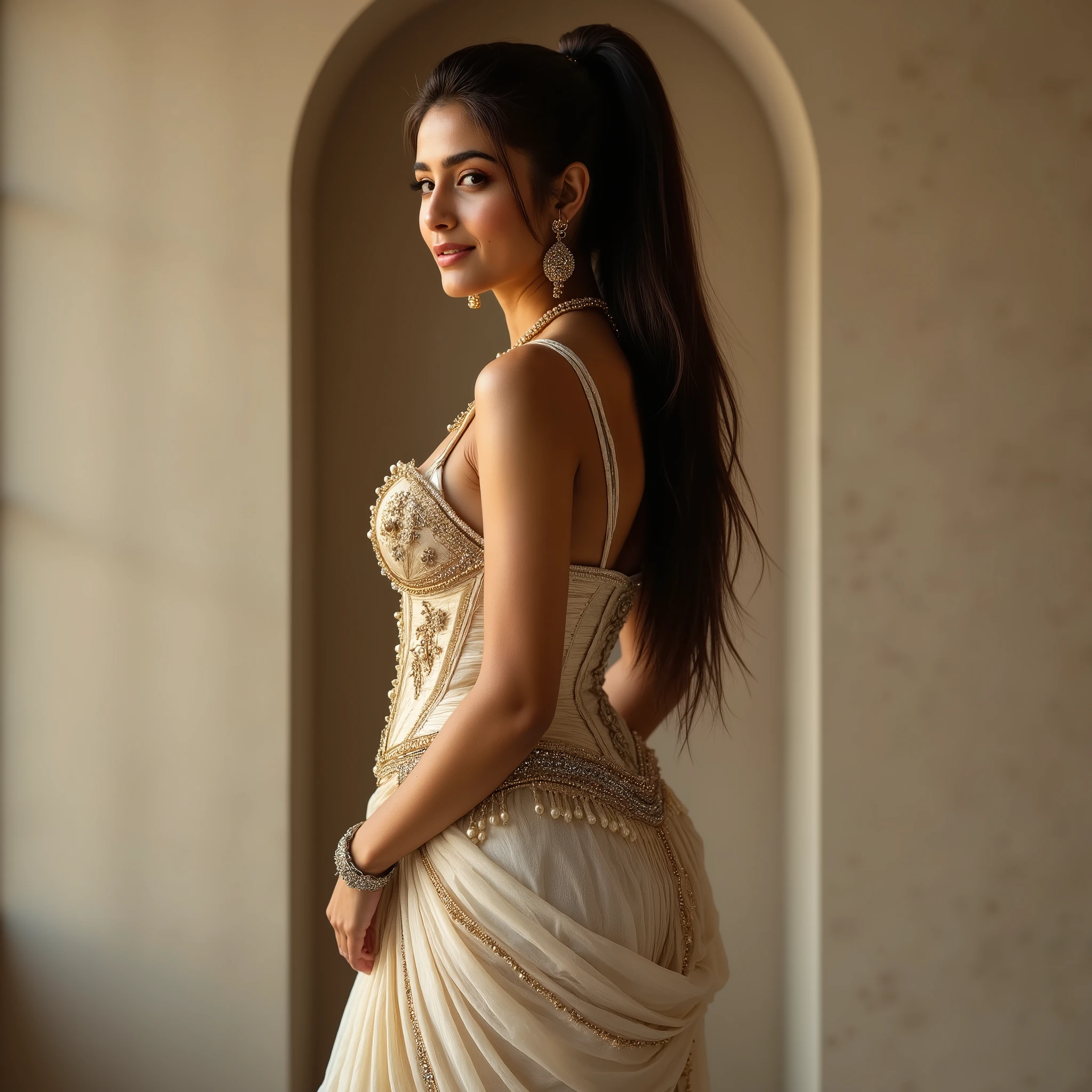 A hyper-realistic portrait of a South Asian woman, mid-20s, posing with her back to the camera, looking over her right shoulder with a subtle, alluring smile. She has a medium brown skin tone and long, straight, dark brown hair styled in a sleek high ponytail that reaches past her waist. Her body is curvy with an hourglass shape, featuring a fuller bust, defined waist, and rounded hips, standing at a medium height. She wears a fusion of fashion: a full corset from the waist up, paired with a saree-like garment below the waist. The corset is sleeveless, heavily embellished with intricate beadwork, pearls, and sequins in gold, silver, and beige tones, featuring structured boning, a deep neckline, wide shoulder straps, and a fringe of dangling beads at the hem, giving a regal Victorian-inspired look with Indian detailing. Below the waist, the saree-like attire is a creamy ivory color, made of lightweight, slightly sheer fabric with subtle sequin embellishments along the edges, draped elegantly around her hips and cascading over her left shoulder as a pallu, blending traditional Indian style with the corset’s Western influence. She accessorizes with large circular earrings, a silver bracelet on her left wrist, a watch on her right wrist, and visible tattoos on her upper arms. The background is a minimalist indoor setting with a soft beige wall and a subtle curved archway on the left. The lighting is soft and diffused, coming from the front-right, creating gentle highlights on her skin, the corset’s embellishments, and the saree-like fabric’s drape, with no harsh shadows. The overall composition is clean and elegant, focusing on her fusion attire and poised posture, captured in a photorealistic style
