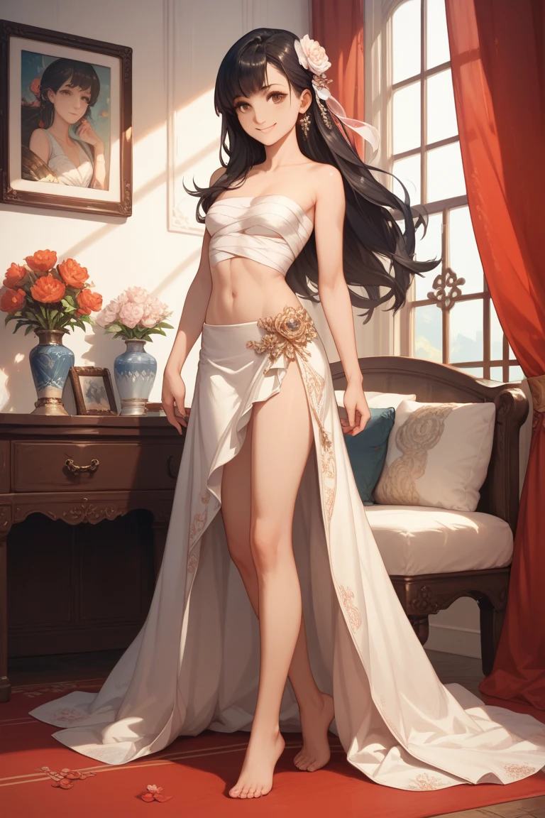 long hair, black hair, medium breast, slim legs, happy, white gown, cleavage, arabian belly dancer , skirt, rin tohsaka, twin tail, navel, garden, night, blue eyes, posing